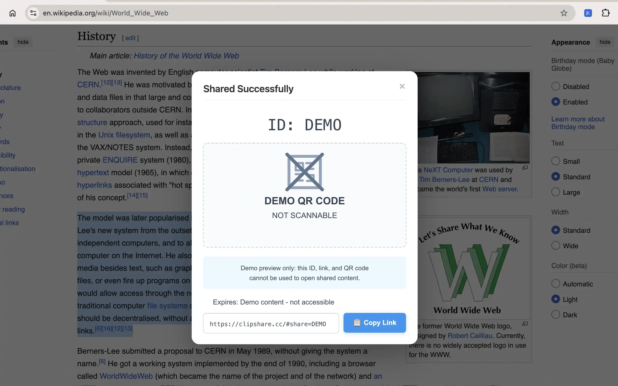 ClipShare extension share code screenshot