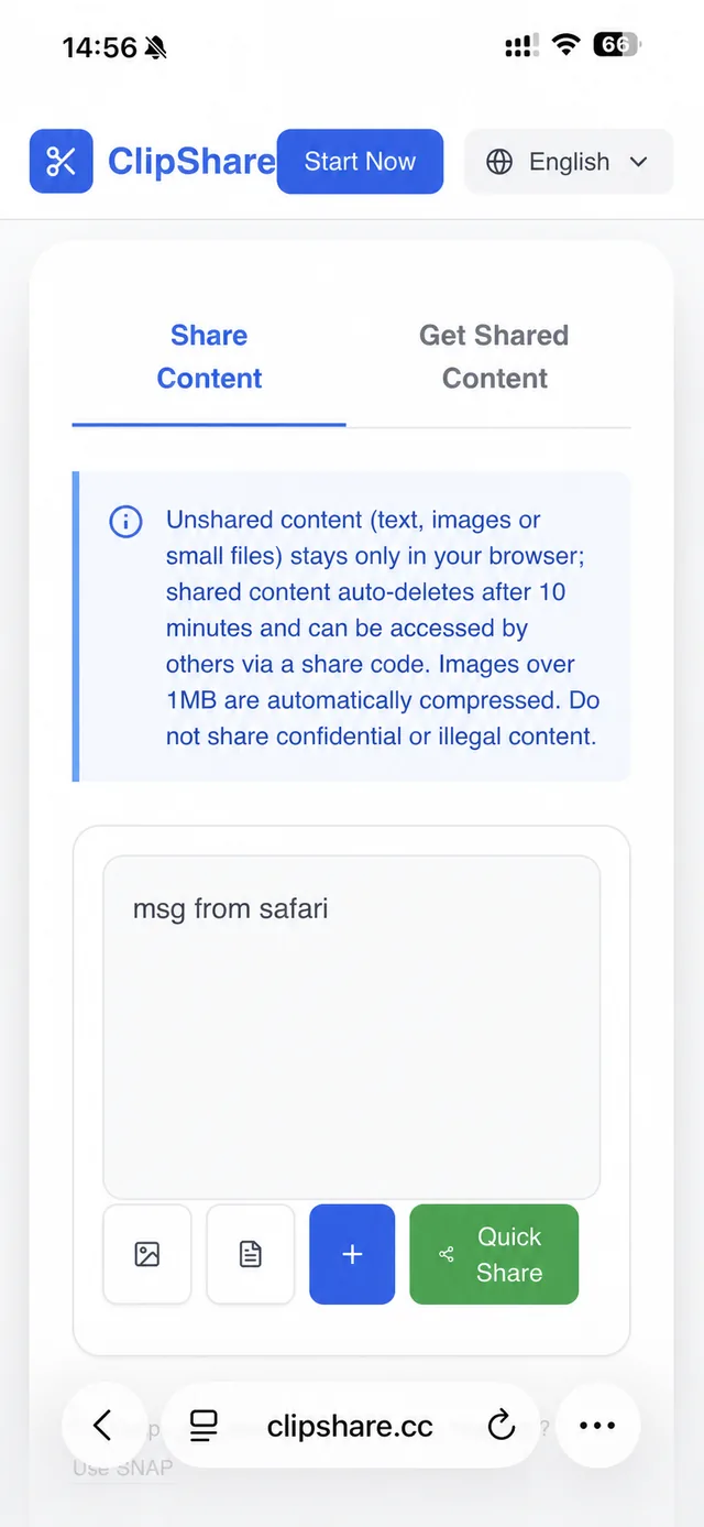 Typing a short message into ClipShare on an iPhone in Safari