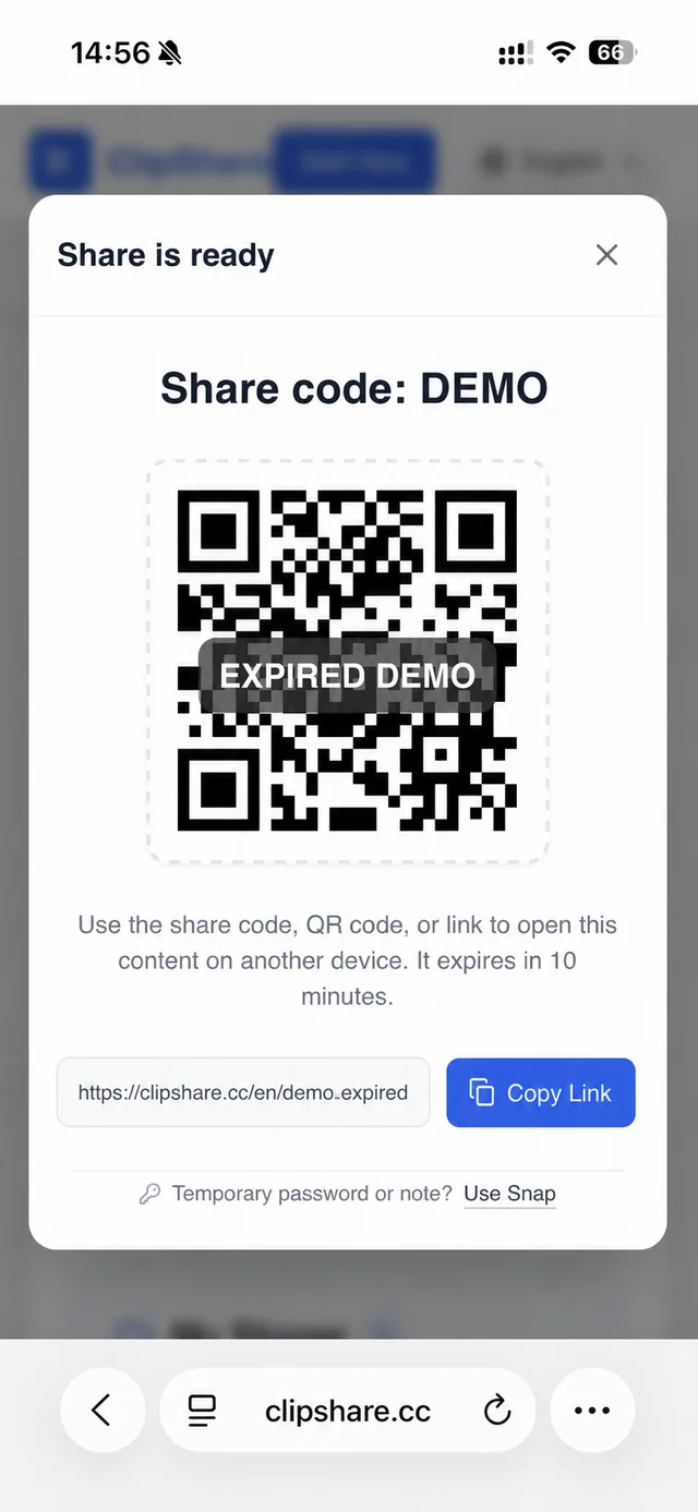 A disabled demonstration share code and QR code generated on iPhone
