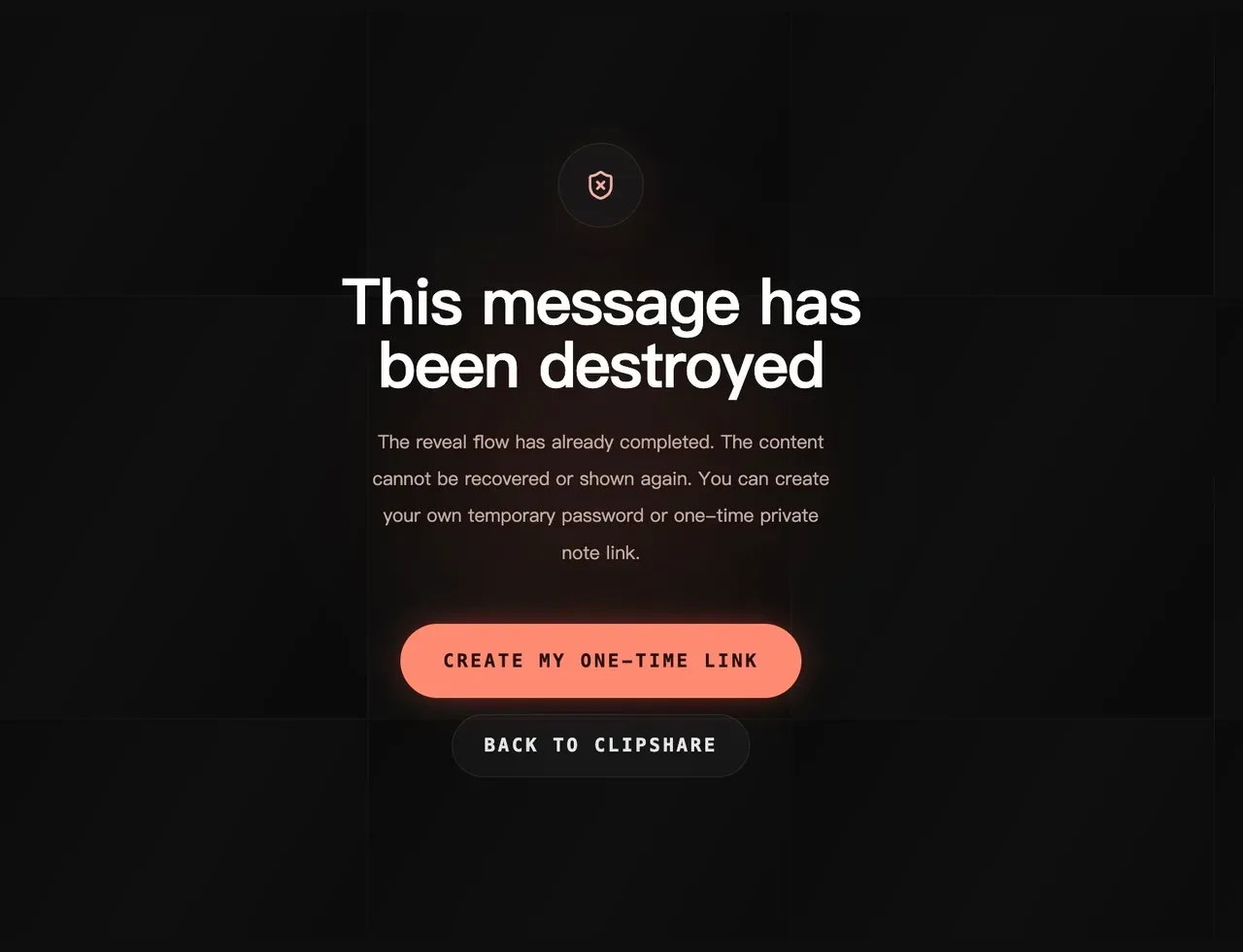 ClipShare Snap showing that a one-time message has been destroyed after viewing