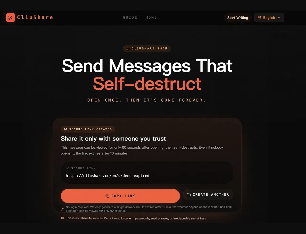 ClipShare Snap creating a disabled demonstration one-time message link