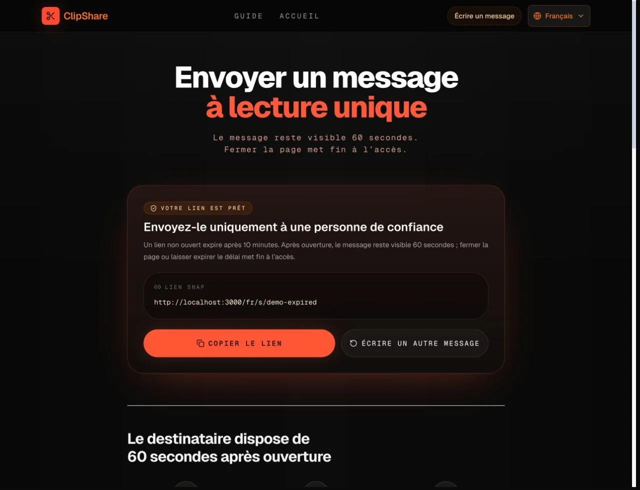 Page ClipShare Snap en français affichant un lien texte à lecture unique et le bouton de copie